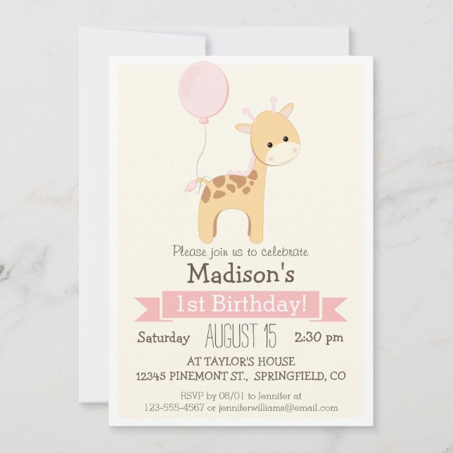 Baby Giraffe Invitation de fête d'anniversaire de  (Devant)