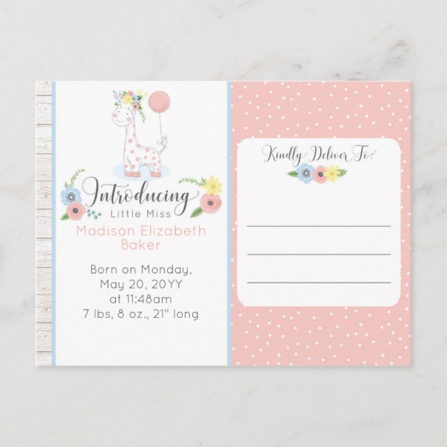 Baby Giraffe Rustic Floral Baby Geburtsankündigung Ankündigungspostkarte (Vorderseite)