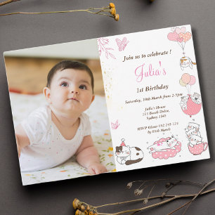 Baby Girl 1. Geburtstag Foto Einladung