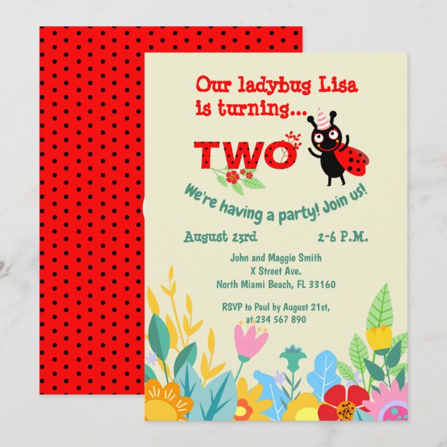 Baby girl 2e anniversaire coccinelle invitation (Devant / Derrière)