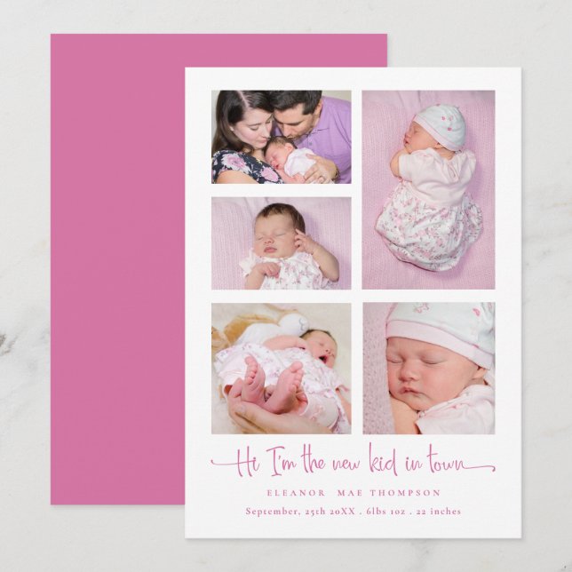 Baby Girl 5 Foto Collage Pink Script Geburt Ankündigung (Vorne/Hinten)