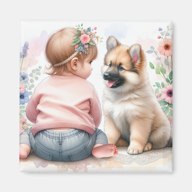 Baby Girl and Puppy Pink Baby Dusche Magnet (Vorne)