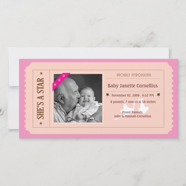 Baby Girl Announcation - Movie Ticket Style Ankündigung (Vorderseite)
