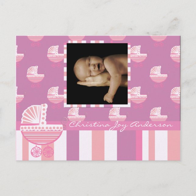 Baby Girl Announcement - Pink Baby Buggy Ankündigungspostkarte (Vorderseite)