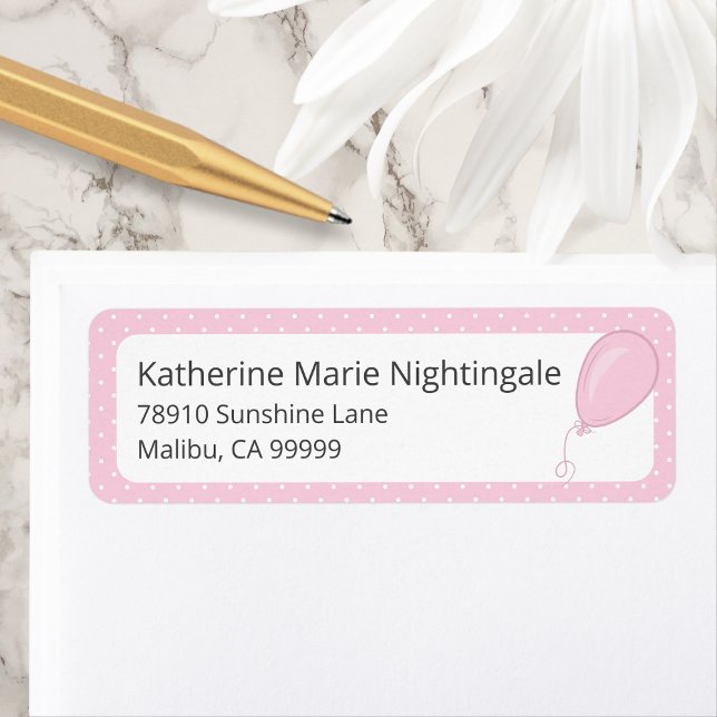 Baby Girl Baby Dusche Pink Polka Dot Adresse (Pink Polka Dot Baby Girl Baby Shower Return Address Label with Balloon.)