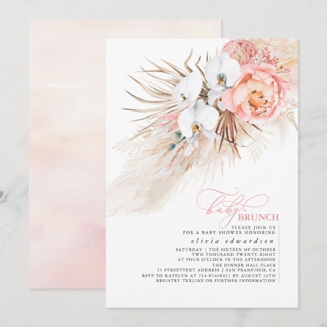Baby Girl Babydusche Rosa Pampas Grass Einladung (Vorne/Hinten)