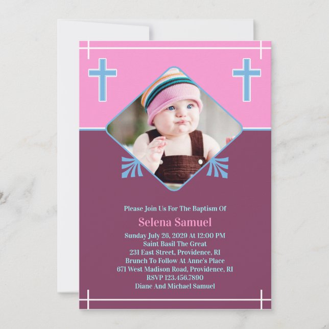 Baby Girl Baptism Photo Flat Invitation (Devant)