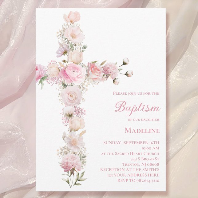 baby girl Baptism pink floral cross  Einladung (Von Creator hochgeladen)