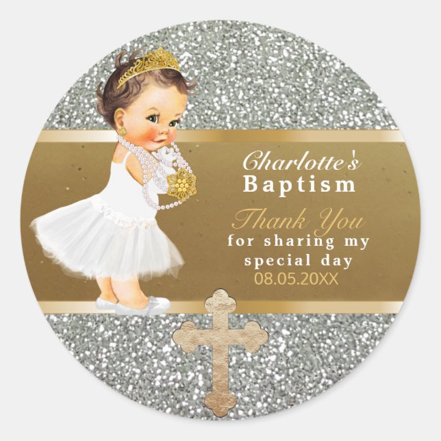 Baby Girl Baptisse Favor | Danke, Gold Silver Runder Aufkleber (Vorderseite)