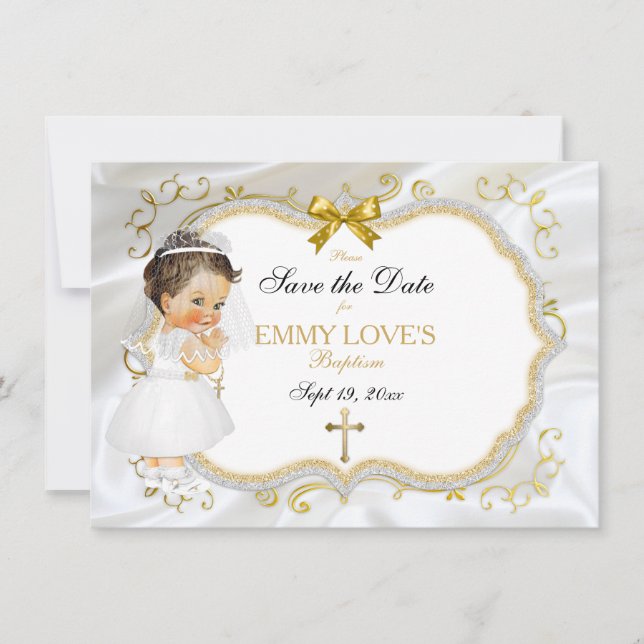 Baby Girl Baptisse Rett Date White Gold Cross Save The Date (Vorderseite)
