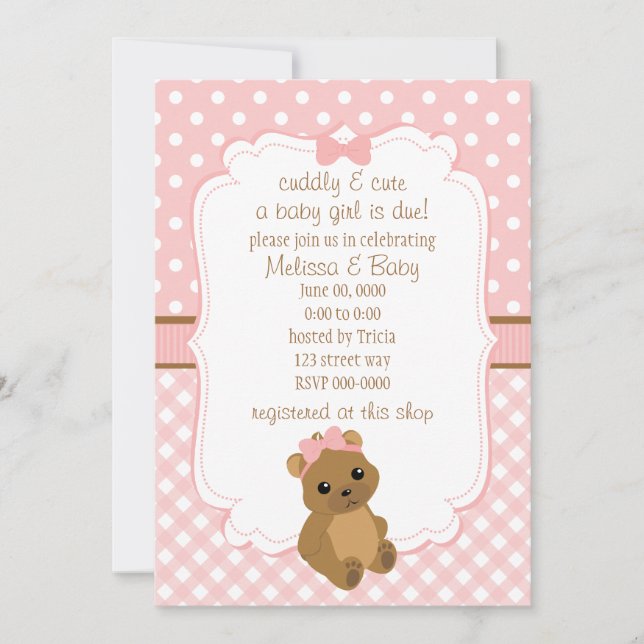 Baby Girl Bear Baby Dusche Einladung (Vorderseite)