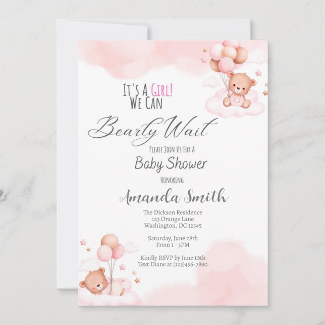 Baby Girl Bearly Wait Baby Shower Einladung (Vorderseite)
