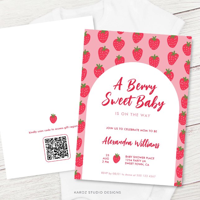 Baby Girl Berry Sweet Baby shower Invitation (Image shows a 5 x 7 inch. invitation with a QR Code on backside. Personalize and choose style.)