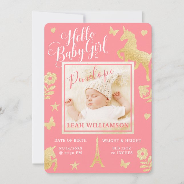 Baby Girl Birth Ankündigung | Magisches Einhorn (Vorderseite)