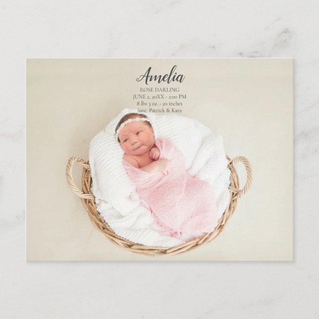 Baby Girl Birth Ankündigung Postkarte (Vorderseite)