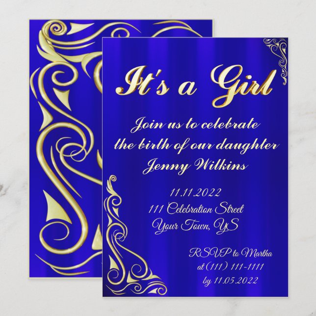 Baby Girl Birth Celebration Gold und Blau Einladung (Vorne/Hinten)
