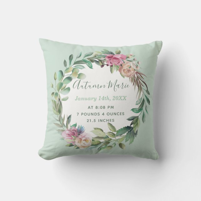 Baby Girl Birth Stats Floral Kissen (Vorderseite)