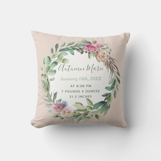 Baby Girl Birth Stats Floral Kissen (Vorderseite)