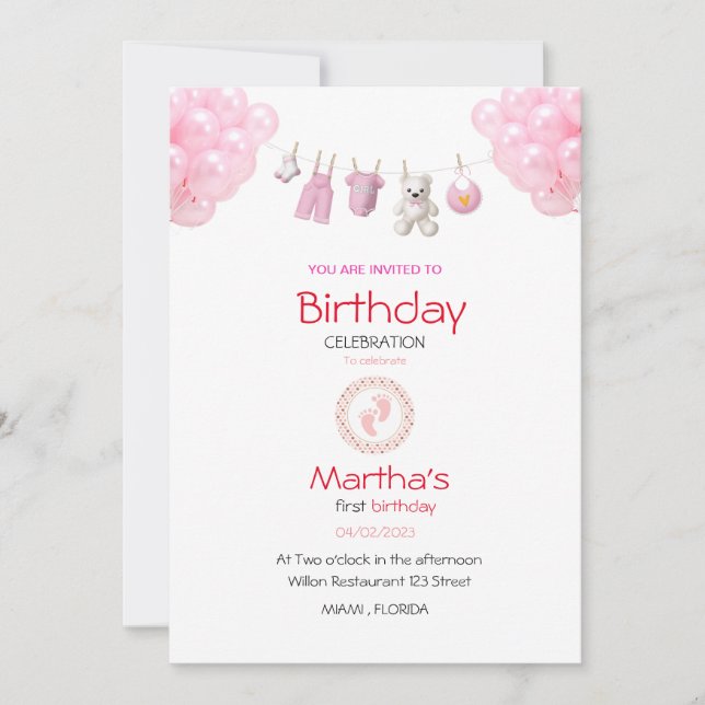 Baby Girl Birthday Einladung (Vorderseite)
