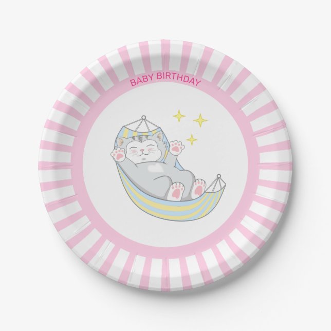 Baby Girl Birthday Kitty Cat on Pink & White Pappteller (Vorderseite)