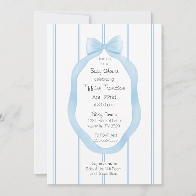Baby Girl Blue und White Wallpaper Ribbon Gerahmt Einladung (Vorderseite)