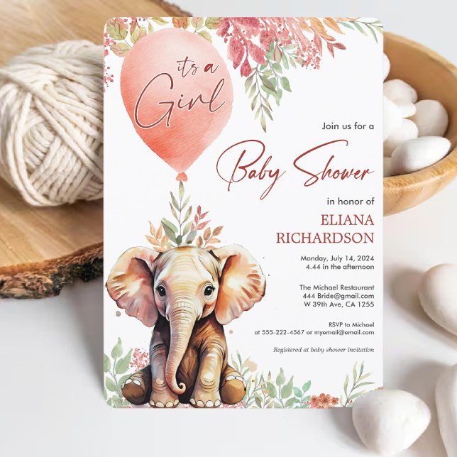 Baby Girl Blush Rosa Ballon Elefantenbabydusche Einladung (Baby Girl blush pink balloon elephant baby shower Invitation)