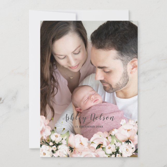 Baby Girl Blush & White Newborn Ankündigung zur Ge (Vorderseite)