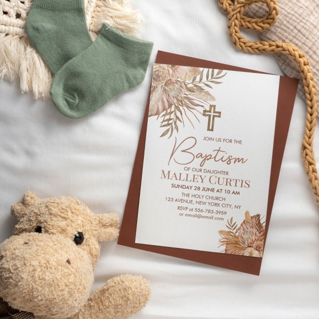 Baby Girl Boho Floral Brown Baptême Invitation (Baby Girl Boho Floral Brown Baptism Invitation)