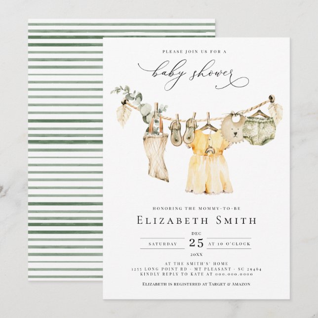 Baby Girl Boho Greenery Rustic Baby Shower Einladung (Vorne/Hinten)