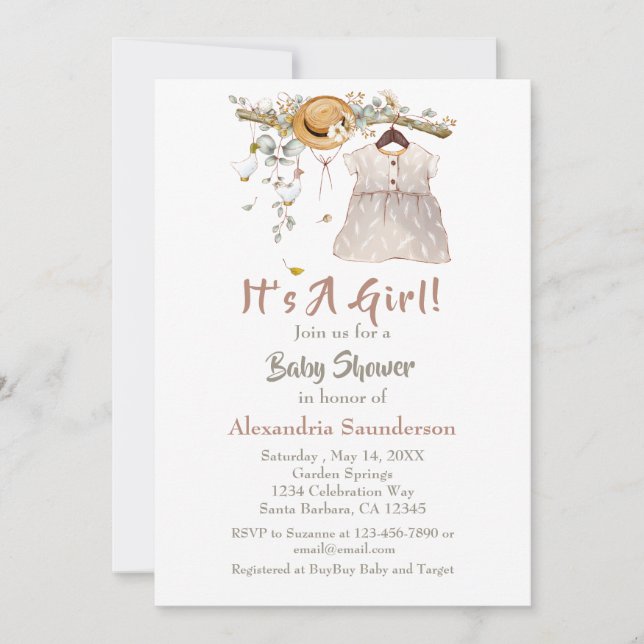 Baby Girl Boho Greenery Rustikale Einladung (Vorderseite)