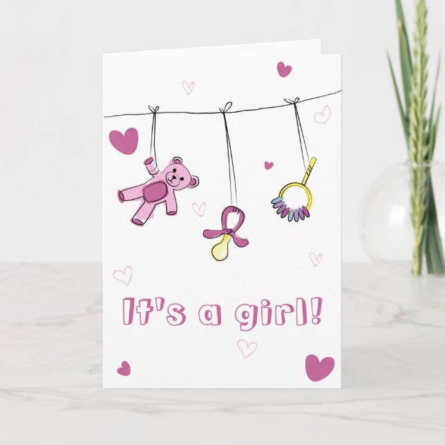 Baby girl born "it's a girl!" celebration karte (Vorderseite)