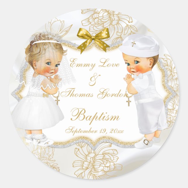 Baby Girl Boy Twins Communion Taufe Gold Cross Runder Aufkleber (Vorderseite)