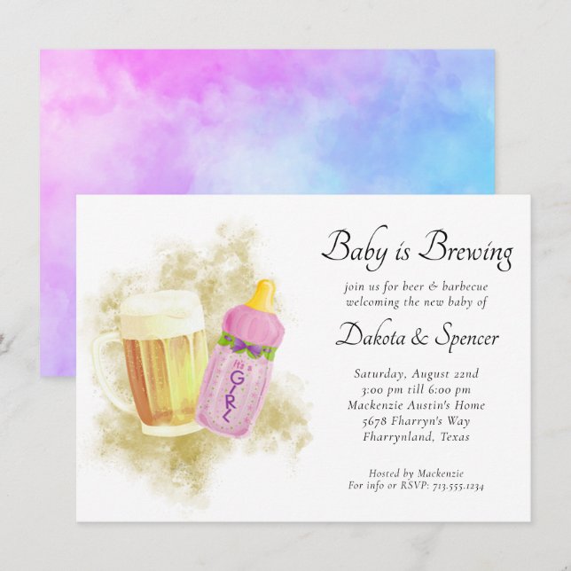 Baby Girl Brewing | Rosa Gold Außendusche Einladung (Vorne/Hinten)