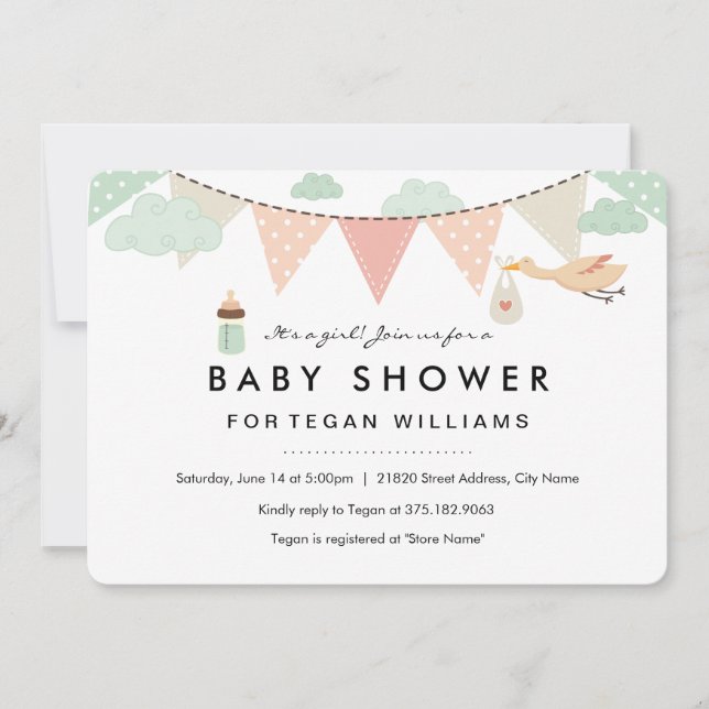 Baby Girl Bunting | Einladung der Babydusche (Vorderseite)