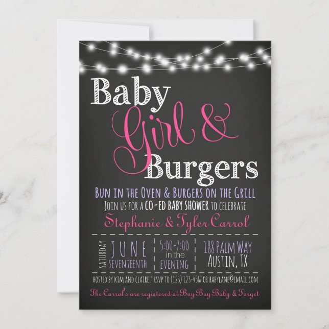 Baby Girl Burgers BBQ Douche Invitation Carte Livr (Devant)