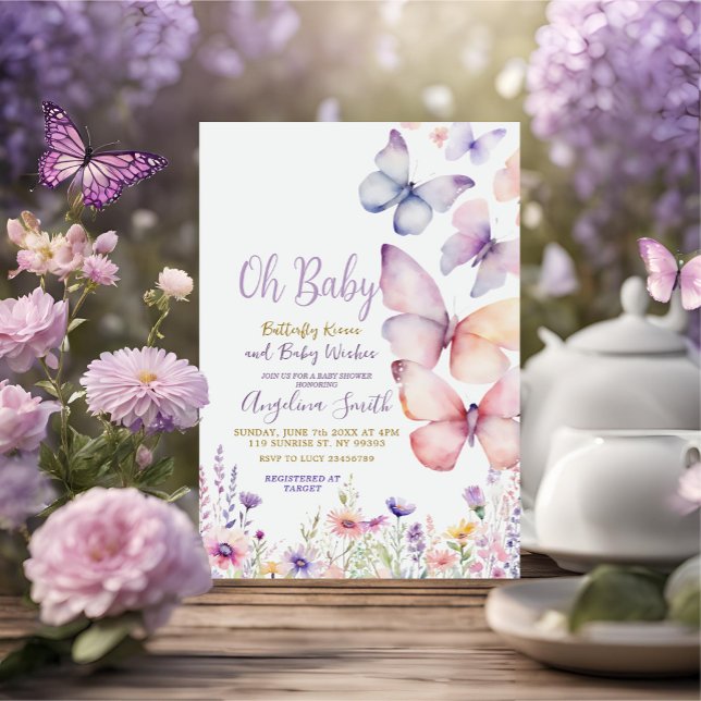 Baby Girl Butterfly Purple Flowers Babydusche Einladung (Von Creator hochgeladen)