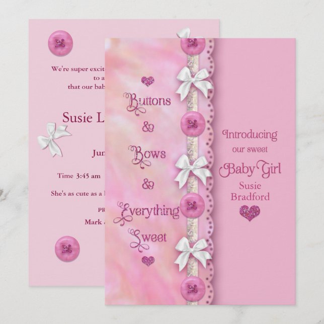 Baby Girl Buttons und Bows Pink Ankündigung (Vorne/Hinten)