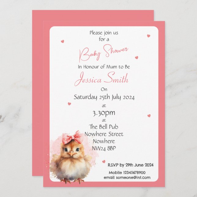 Baby Girl Chick Baby Shower Einladung (Vorne/Hinten)
