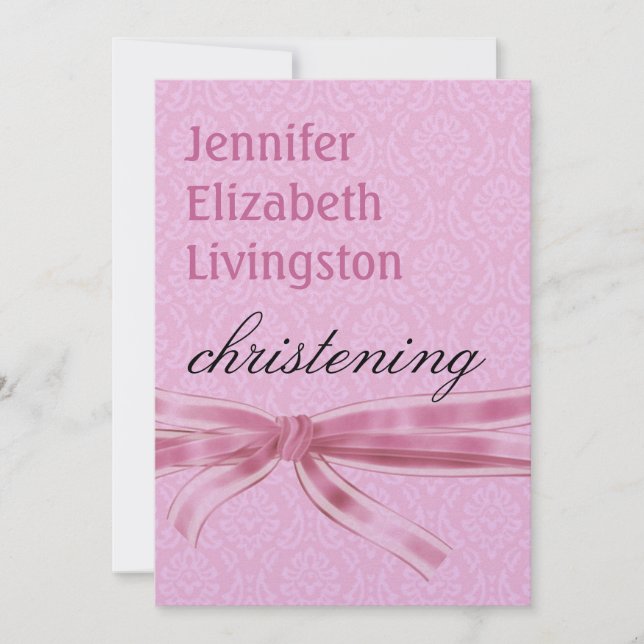 Baby Girl Christening Lila Pink Damask Metallic Einladung (Vorderseite)