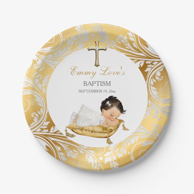 Baby Girl Christening Taufe Gold Silver Pappteller (Vorderseite)