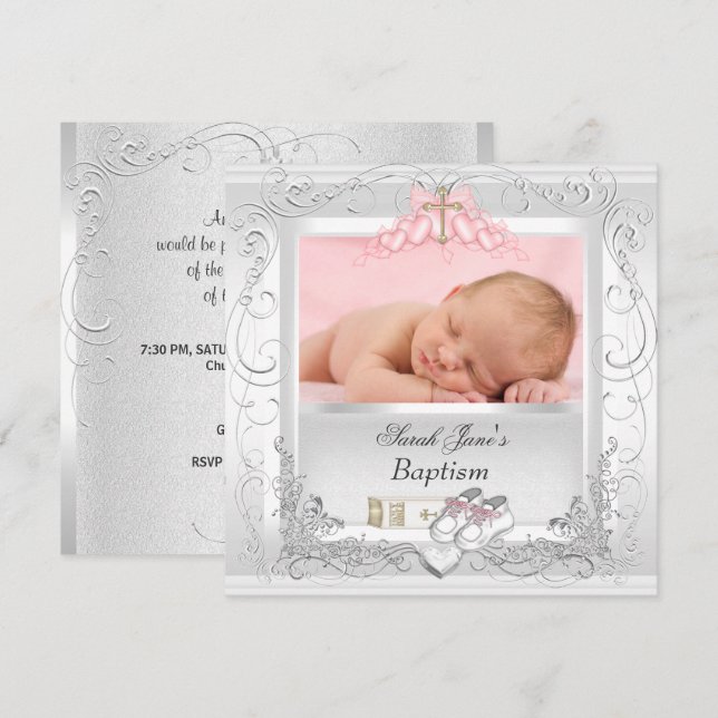 Baby Girl Christening Taufe White Pink Einladung (Vorne/Hinten)
