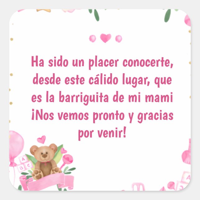 Baby Girl Coming Bear Baby Shower Pink Quadratischer Aufkleber (Vorderseite)