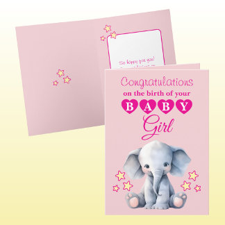 Baby girl congratulations elephant pink karte