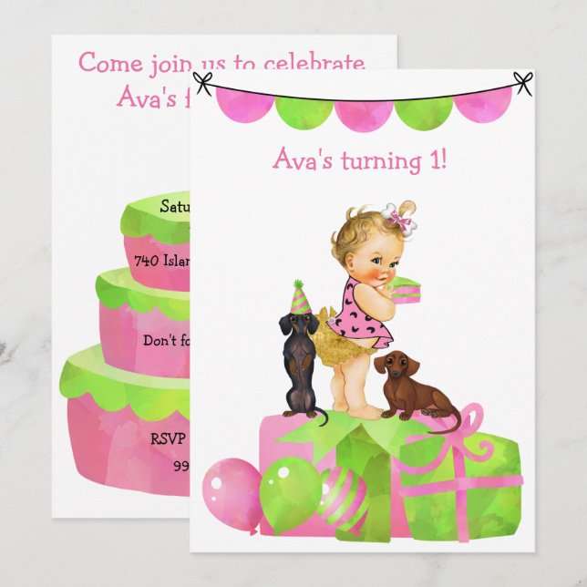 Baby Girl Dackel Party Einladung (Vorne/Hinten)