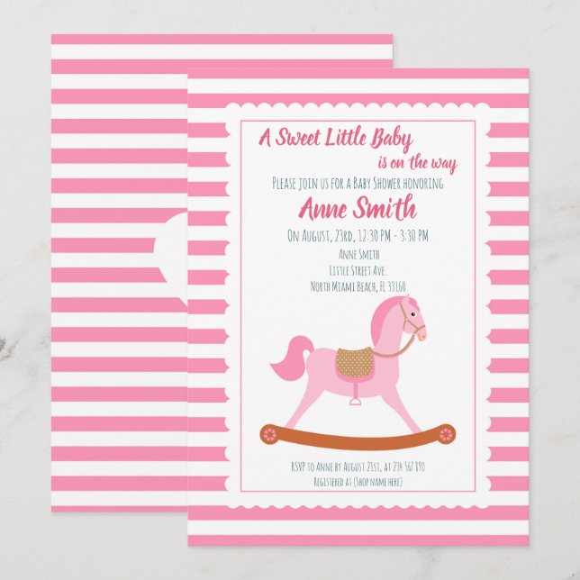 Baby girl Douche cheval à bascule Invitation (Devant / Derrière)