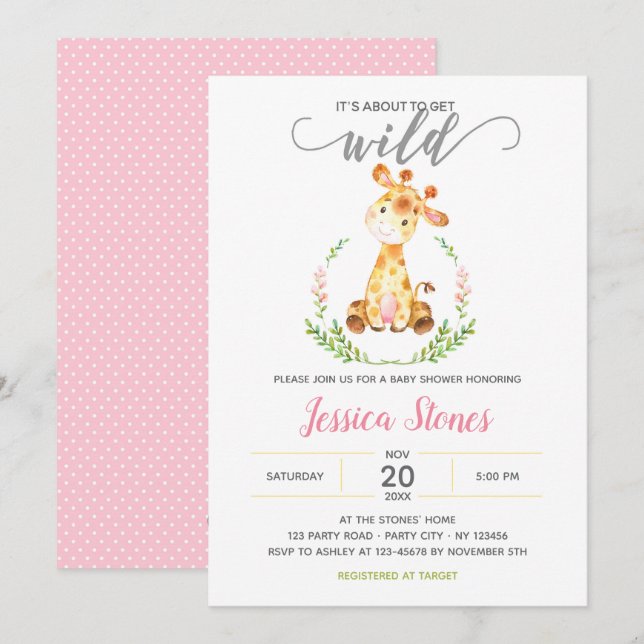 Baby Girl Douche Invitations Giraffe Jungle Animal (Devant / Derrière)