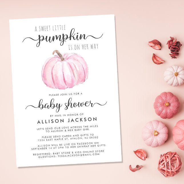 Baby Girl Dusche by Mail Pumpkin Pink Wasserfarbe Einladung (Celebrate the upcoming arrival of your sweet autumn baby with a pumpkin-themed baby shower by mail)