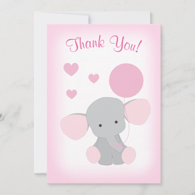 Baby Girl Dusche Danke Karte Elephant Pink Gray (Vorderseite)