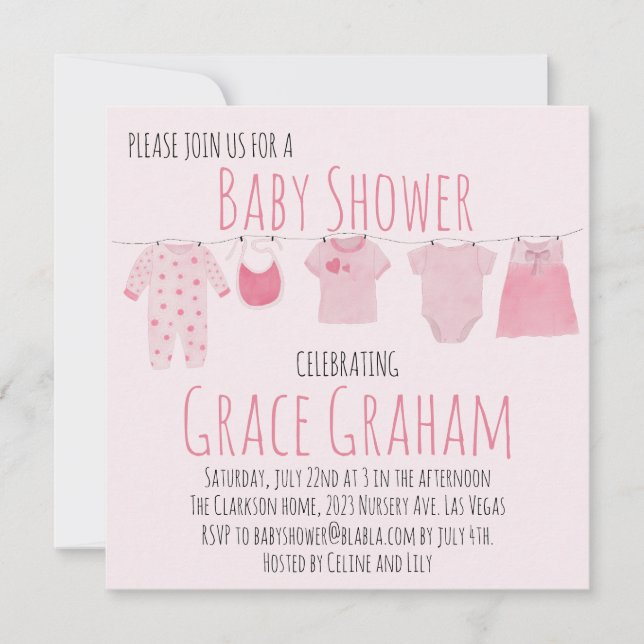 Baby Girl Dusche Einladung Kleidung on line (Vorderseite)