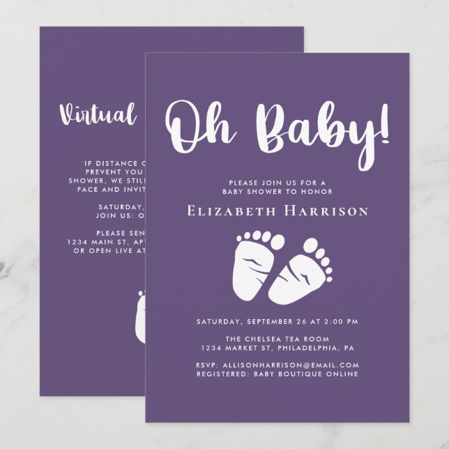Baby Girl Dusche mit Virtual Online Option Lila Einladung (Vorne/Hinten)
